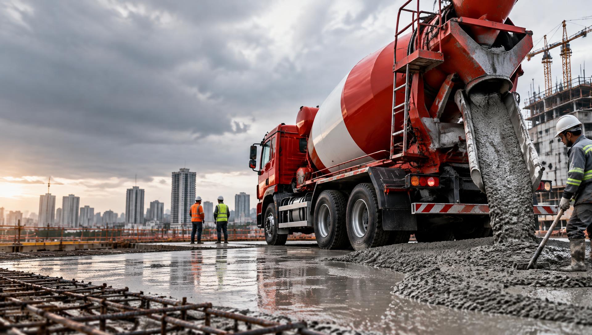 Caminhão betoneira descarregando concreto usinado em uma obra